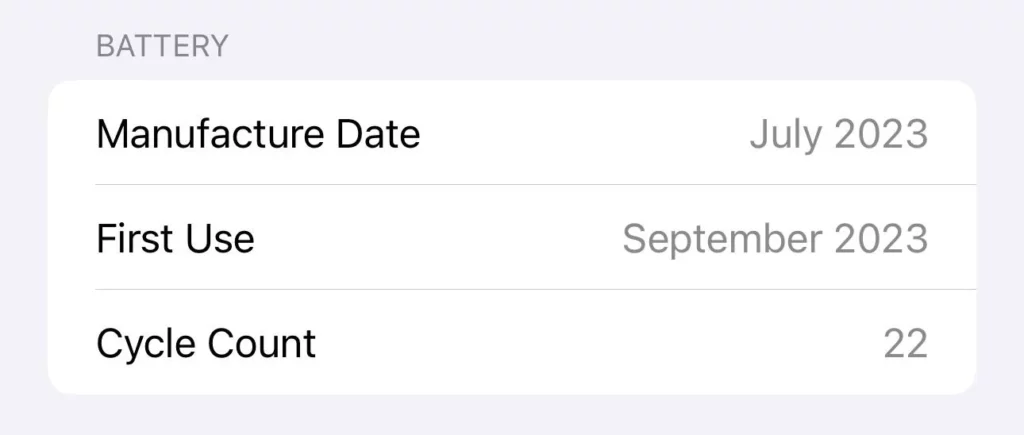 Battery Cycle Count for an iPhone 15