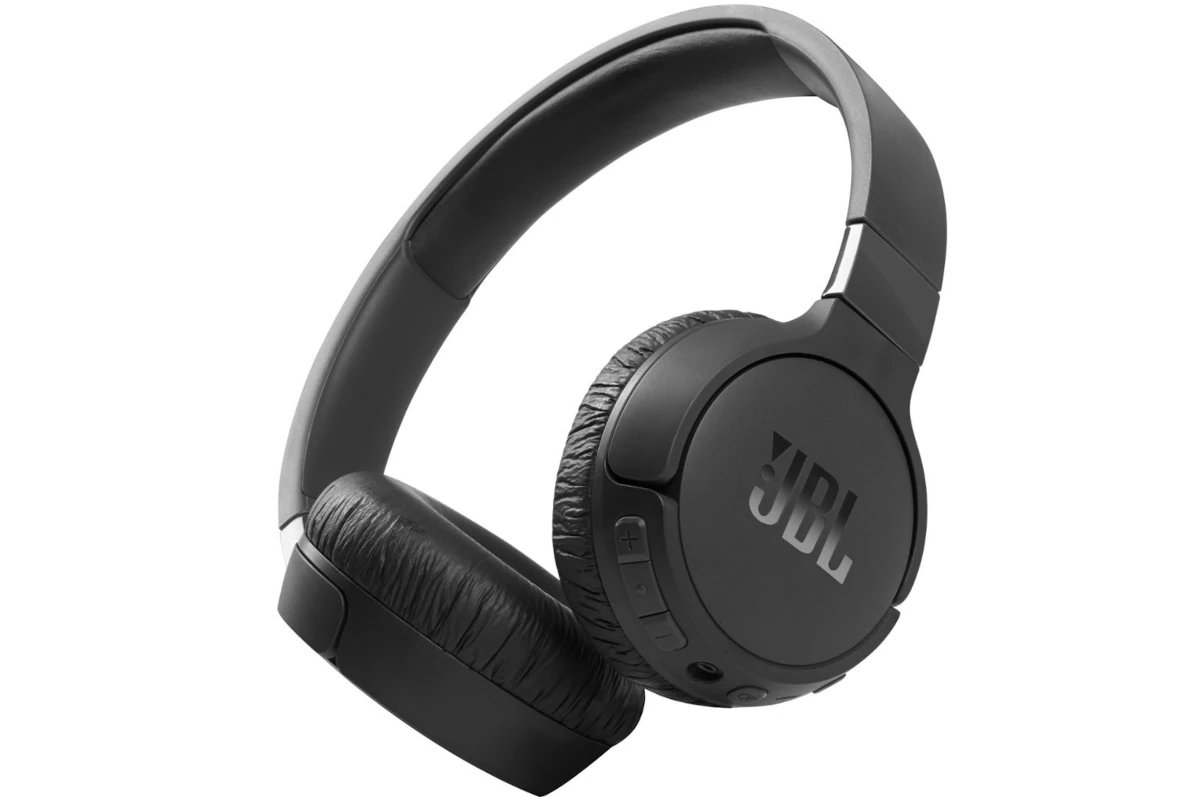 a black headphones with a white background