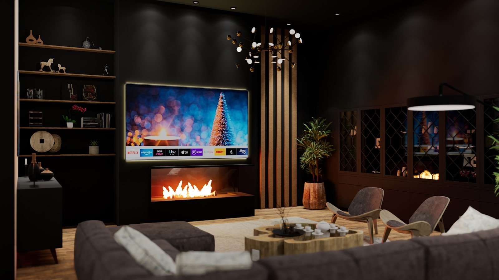 a living room filled with furniture and a fire place