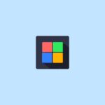 a blue background with a colorful square icon