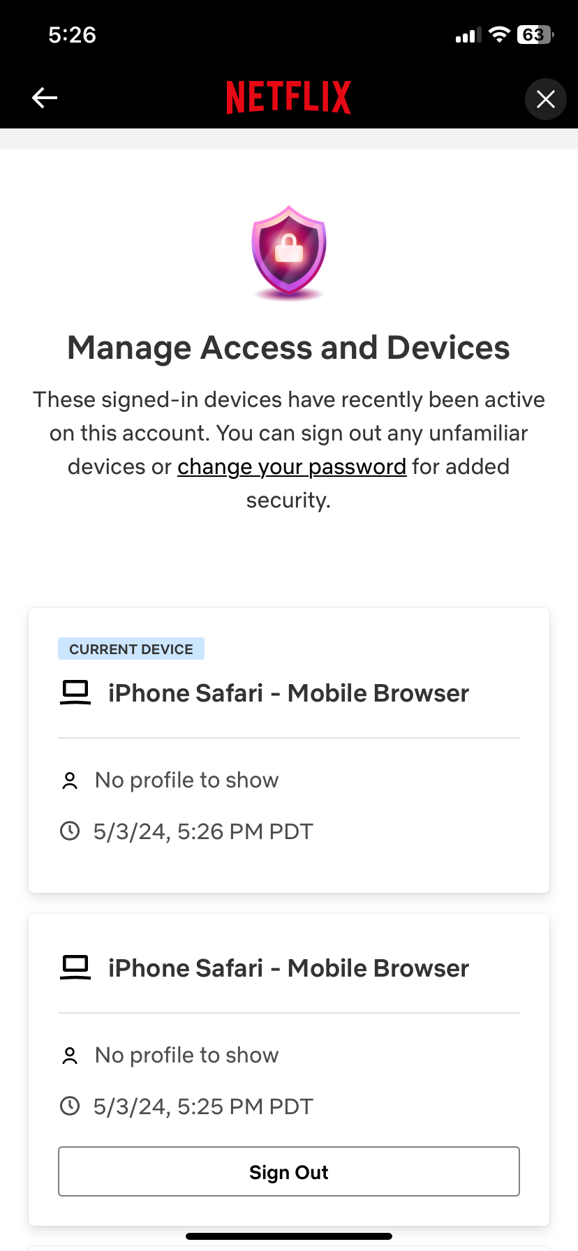 Netflix Manage Devices (Mobile View)