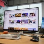 black flat screen computer monitor on brown wooden table